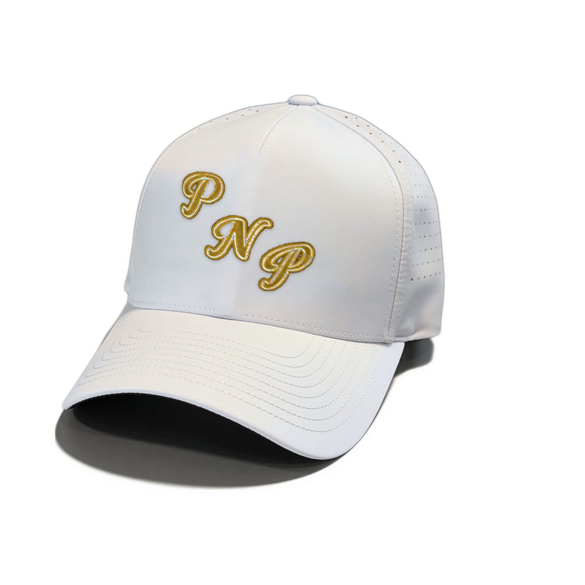 PNP Performance Snapback in white — front three-quarter view with gold PNP script embroidery
