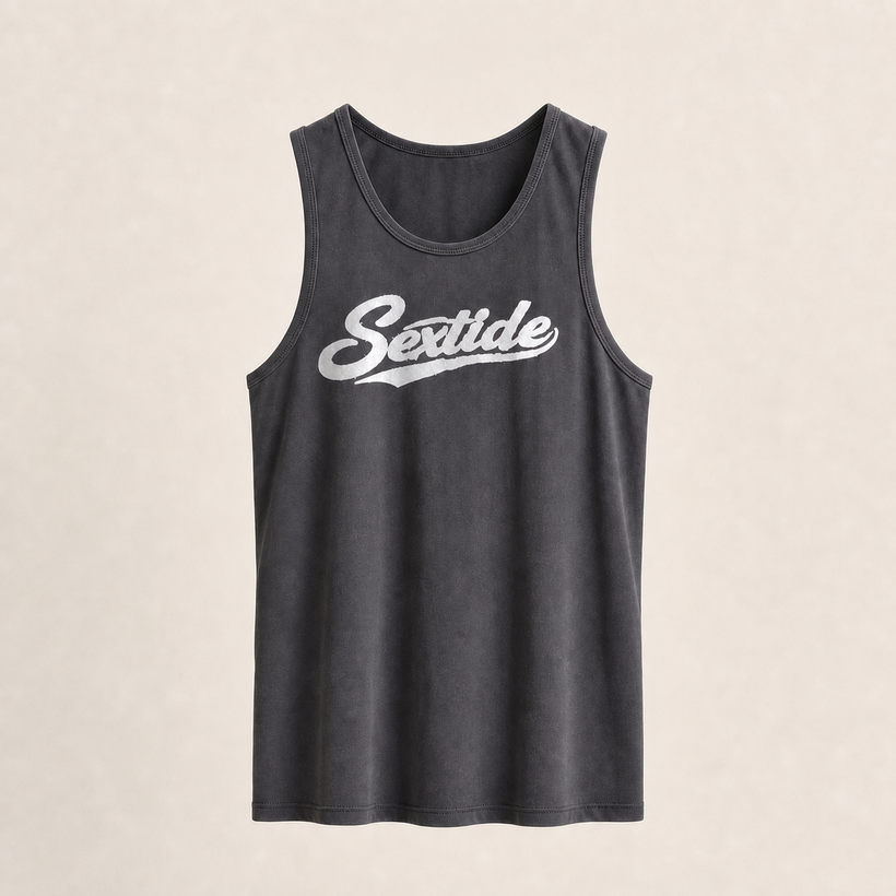 Sextide Tank — washed charcoal tank with white Sextide baseball script